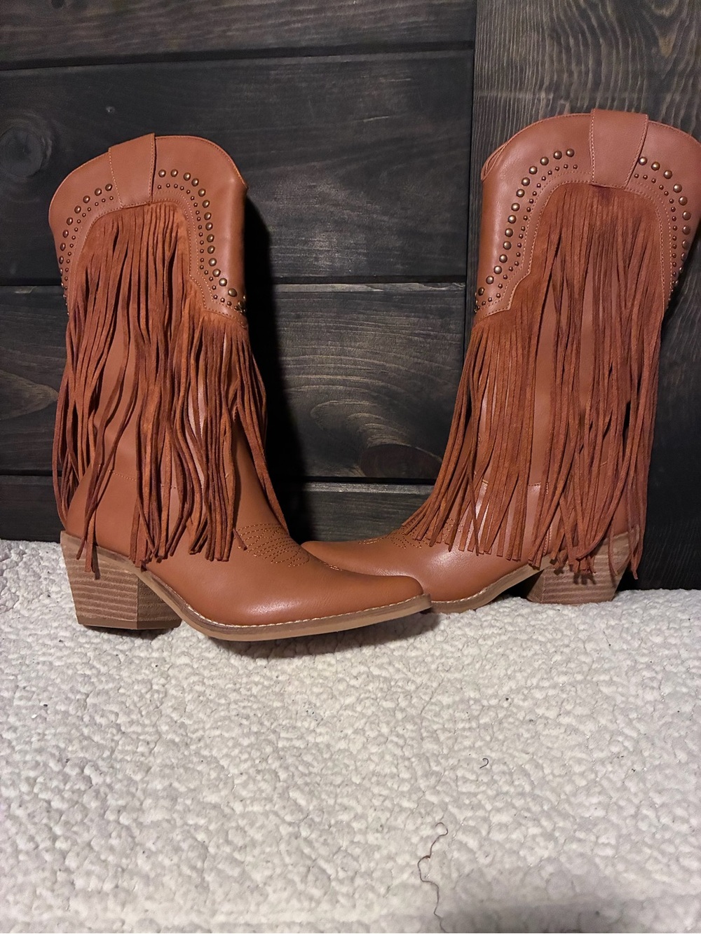 BEAST FASHION Tan Fringe Western Heeled Boots, color camel, size 6, new in box